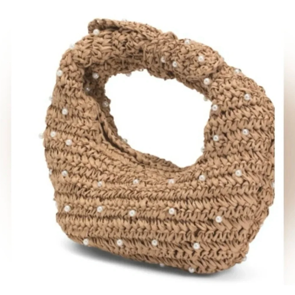 Haute Hippie Tan Woven Pearl-Embellished Hobo Bag